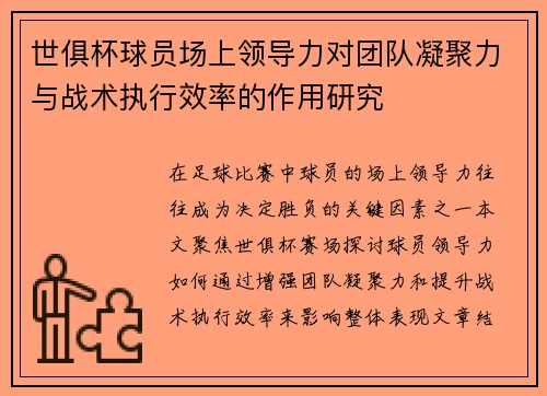 世俱杯球员场上领导力对团队凝聚力与战术执行效率的作用研究